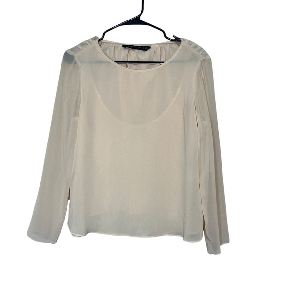 ZARA Woman Sheer Cream Crepe Long Sleeve Blouse Faux Wrap Back Ruched Flowy Med - Picture 1 of 7